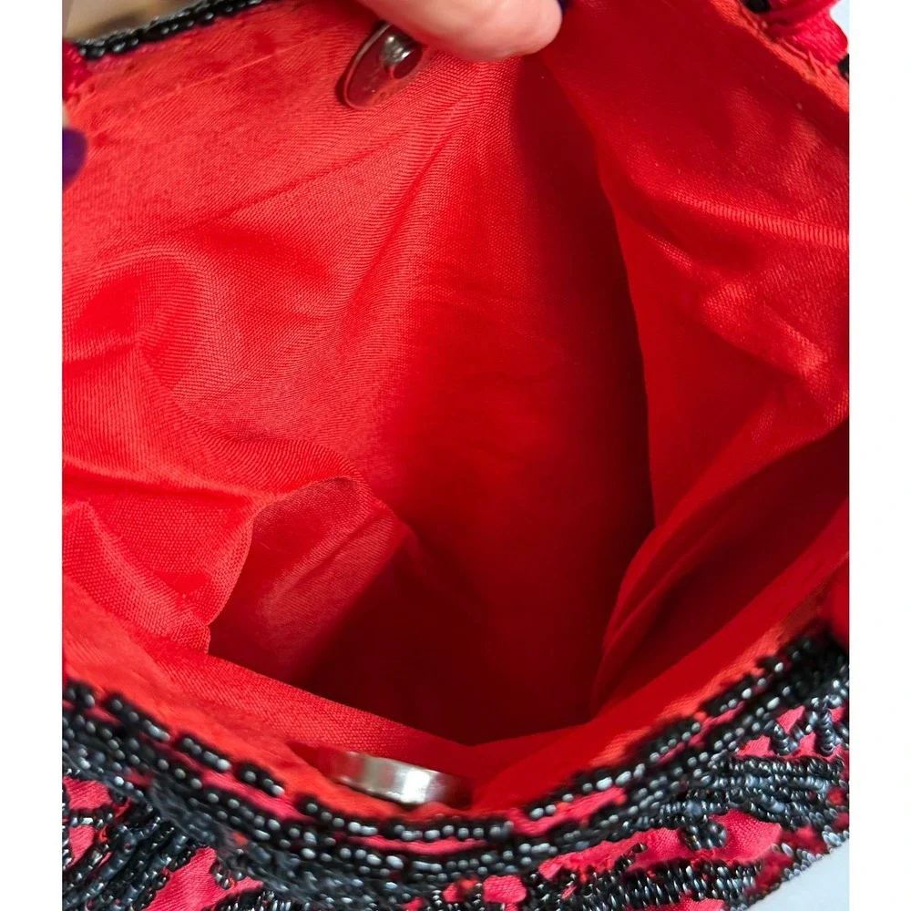 Vintage 90s Red Satin Hand Beaded Mini Handle Bag Crossbody Art Deco Elegant